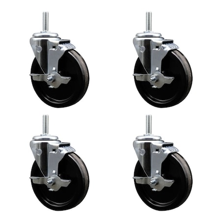 Service Caster 5 Inch Phenolic Wheel Swivel 58 Inch Threaded Stem Caster Set with Brake SCC SCC-TS20S514-PHR-TLB-58212-4